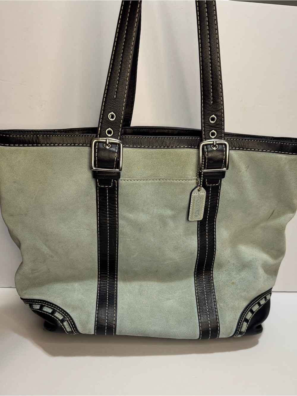 Coach Suede Leather Tote Bag Blue Gray Black Trim large shoulder bag purse